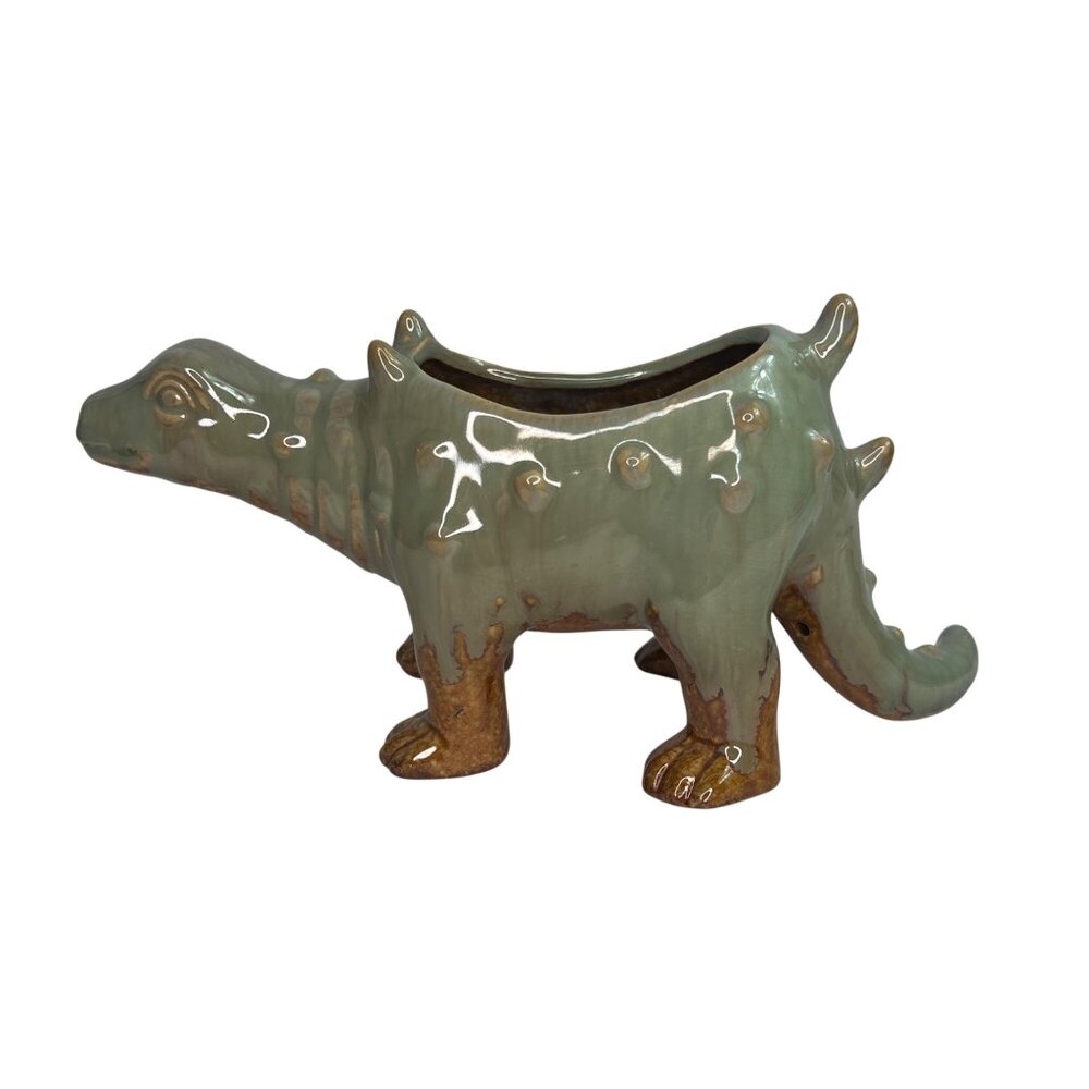 Ceramic Dinosaur Animal Planter Drip Glaze Glossy Finish Green Brown